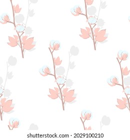 Cotton flower branch vector stock illustration.  Spring sprout. Seamless pattern. For wrapping paper. Ideal for wallpaper, surface textures, textiles.