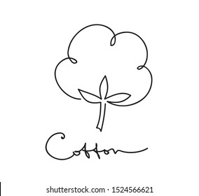 Cotton Flower Continuous Line Art Drawing. Vector Logo Outline Illustration. Black And White Hand Drawn Line Art Style