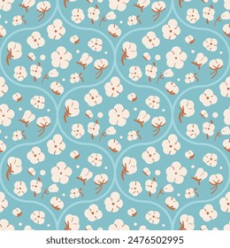 Cotton flower damask seamless pattern. Ripe cotton bolls retro endless background. Purity and new beginnings symbols tile. Vector hand drawn flat illustration.