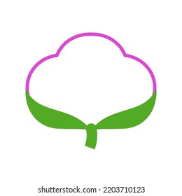Cotton flower with green leaves. Vector icon and logo. Isolated illustration on white background.