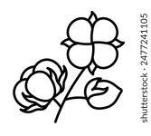 Cotton flower, line icon. A fluffy blooming flowers and bud of cotton plant. Natural organic material. Linear Icon, simple style. Editable thin strokes