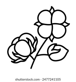 Baumwollblume, Linie-Symbol. Eine flauschige Blüte und Knospe aus Baumwollpflanze. Natürliches organisches Material. Lineares Symbol, einfacher Stil. Bearbeitbare dünne Striche