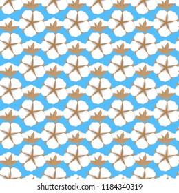 Cotton flower ornament Seamless pattern. Flat style vector illustration isolated on cute blue background.