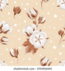 Cotton Flower Pattern. Cotton Vector Background. Illustration Of Flower Field. Seamless Soft Plant Pattern. Floral Organic Vintage Design. White Branch And Blossom Art. Natural Fabric Farm Wallpaper