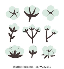 Cotton flower plant illustration bundle. Organic cotton ball branch. Vector line icon set