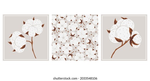 Cotton flower plant posters. Doodle white cotton flowers cards, hand drawn fluffy ball pattern vector illustration set