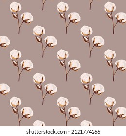 Cotton flower plants, fluffy balls. Hand drawn Vector seamless pattern. Perfect for textile prints. Pastel colors.