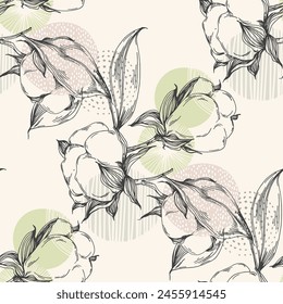 Cotton flower seamless pattern. Cotton branches with leaves are suitable for fabric, textiles, clothing, web pages, wallpapers, backgrounds.