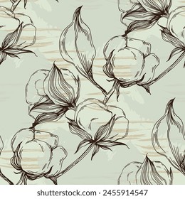 Patrón sin costuras de flores de algodón. Las ramas de algodón con hojas son adecuadas para tela, textiles, prendas de vestir, páginas de Web, Fondos de pantalla, fondos.
