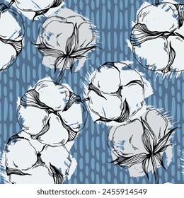 Cotton flower seamless pattern. Cotton branches with leaves are suitable for fabric, textiles, clothing, web pages, wallpapers, backgrounds.