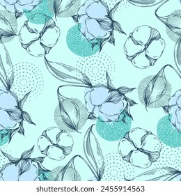 Cotton flower seamless pattern. Cotton branches with leaves are suitable for fabric, textiles, clothing, web pages, wallpapers, backgrounds.