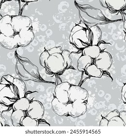 Cotton flower seamless pattern. Cotton branches with leaves are suitable for fabric, textiles, clothing, web pages, wallpapers, backgrounds.