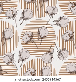 Cotton flower seamless pattern. Cotton branches with leaves are suitable for fabric, textiles, clothing, web pages, wallpapers, backgrounds.