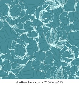 Patrón sin costuras de flores de algodón. Las ramas de algodón con hojas son adecuadas para tela, textiles, prendas de vestir, páginas de Web, Fondos de pantalla, fondos.
