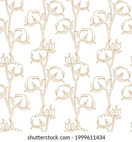 Cotton Flower Seamless Pattern in one continuous line drawing. Blossom ball in sketch doodle style. Used for for wedding invitations, wallpaper, textile, wrapping paper. Vector illustration