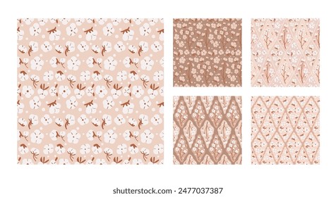 Cotton flower seamless patterns set. Branches and ripe cotton bolls endless backgrounds retro collection. Purity, innocence, and new beginnings symbols repeat covers. Vector flat illustration.