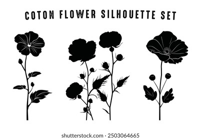 Paquete de Vector de la silueta de la flor del algodón, Clipart negro de la silueta de la planta del algodón