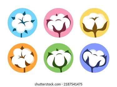 Cotton flower simple sign cartoon set. Natural blossom fluffy fiber symbol. Botanical icon herb, rustic trendy greenery. Ripe cotton boll fiber emblem monochrome isolated vector