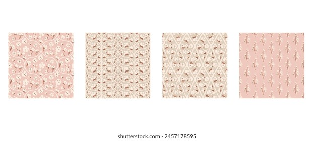 Cotton flower traditional seamless patterns collection. Branches and ripe cotton bolls endless background set. Damask, rhombus and braid knit repeat covers. Vector flat hand drawn illustration.