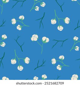 Cotton Flower twig Vector Seamless Pattern illustration Design
