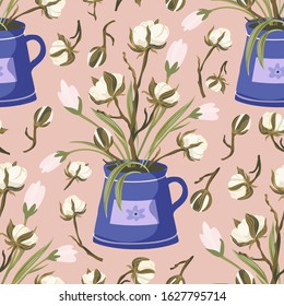 Cotton flower vintage vector seamless pattern. Fluffy gentle hand drawn floral branch design. Botany organic soft cotton-plant bouquet in a vase.
