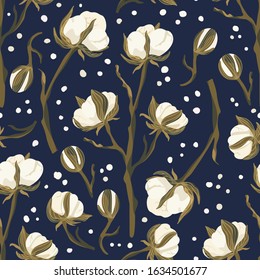 Cotton flower vintage vector seamless pattern. Fluffy gentle hand drawn floral branch design. Botany organic soft cotton-plant with flora bud on a dark background.