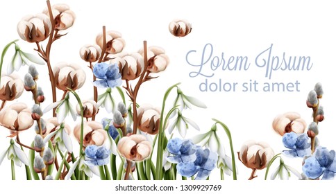 Cotton flowers background Vector watercolor. Spring season delicate frame. Template design card for wedding, birthday, mother days