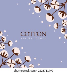 Cotton flowers background whith space for text. Illustration cotton balls, leaf, seed. Soft white plant elements. Eco bio friendly organic cotton. vector illustration