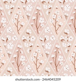 Cotton flowers and branches geometric seamless pattern. Ripe cotton bolls endless background. Purity, innocence, and new beginnings symbols tile. Vector hand drawn flat illustration.