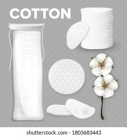 Cotton Flowers Buds Branch And Product Set Vector. Blossom Agricultural Natural Ripe Fluffy Cotton Bolls And Hygienic Skincare Accessory Pads Package. Template Realistic 3d Illustrations