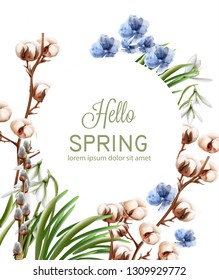 Cotton flowers card Vector watercolor. Spring season delicate frame. Template design card for wedding, birthday, mother days