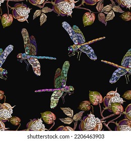 Cotton flowers and dragonflies seamless pattern. Asian spring floral art. Oriental botanical background. Vector illustration. Fashion template for clothes, textiles and t-shirt design