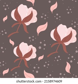 Cotton Flowers and leaf seamless pattern. Scandinavian style background. Vector illustration for fabric design, gift paper, baby clothes, textiles, cards