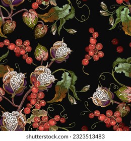 Cotton flowers and red berries of mountain ash. Asian spring floral art. Fashion template for clothes, textiles and t-shirt design. Seamless pattern