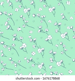 Flores de algodón, sin fisuras. Bolas de algodón, ilustración vectorial de fibra de algodón. Perfecto para envolver papel o tela.