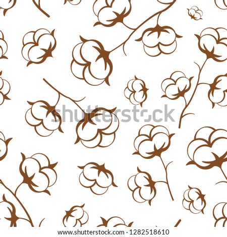 Cotton flowers seamless pattern. Cotton balls, cotton fiber vector illustration. Perfect for wrapping paper or fabric.
