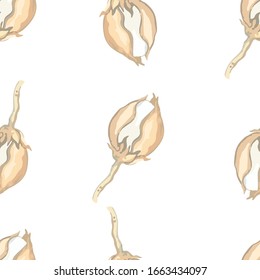 Baumwolle blüht nahtloses Muster.
Ökologie naturalness botanische Vektorillustration Druck für den Druck auf Textilien, Papier, Verpackung, Tapete.