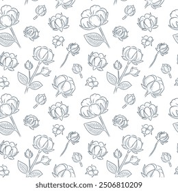 Baumwollblumen nahtloses Muster, für Stoff, Textil, Umhüllungspapier, Bezug, Banner, Inneneinrichtung, Linienart, Vektorgrafik