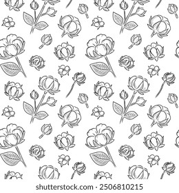 Cotton flowers seamless pattern, for fabric, textile, wrapping paper, cover, banner, interior decor, line art, vector