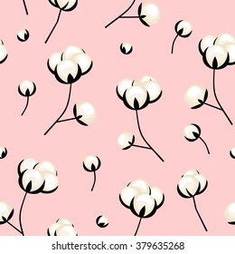Cotton flowers seamless pattern on pink background. White cotton branches vector illustration. Eco design for fabric and decor. Cute spring background.