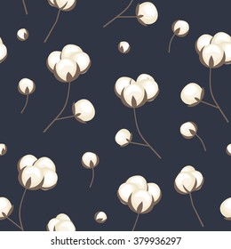 Cotton flowers seamless pattern on dark blue background. White cotton branches vector illustration. Eco design for fabric and decor.