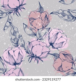 Cotton flowers seamless pattern. Perfect for wrapping paper or fabric. Background floral texture.