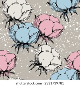 Cotton flowers seamless pattern. Perfect for wrapping paper or fabric. Background floral texture.