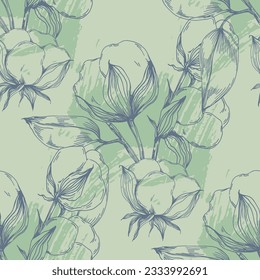 Cotton flowers seamless pattern. Perfect for wrapping paper or fabric. Background floral texture.