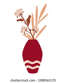 Cotton flowers in a vase Autumn bouquet. Dried flowers and cotton in a minimalistic trendy style. Home decor. Vector illustration for print t-shirts, cards, posters, social media