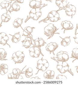 Cotton fluffy flowers seamless pattern. Hand drawn sketch vector plant illustration. Natural floral background. Fabric design, wrapping paper, textile print