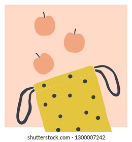 Cotton fruit bag with apples. Zero waste reusable market bag. Vector illustration