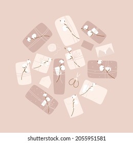 Paquetes de regalo vectoriales de caja de regalo de algodón. Papel para la artesanía, sobres, cajas, ramas de algodón. Ilustración vectorial de dibujos animados planos. Aislado en un fondo rosado. 