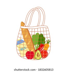 Cotton grocery mesh bag. Fruit, vegetables, bread and milk in a reusable eco bag. Zero waste concept. Home delivery of healthy food. No plastic bag campaign.
