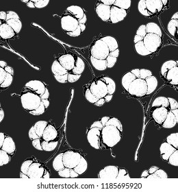 Cotton hand drawn seamless pattern, sketch style. Vintage vector illustration. Design template. Drawn with ink. Engraving style. Cotton illustration.